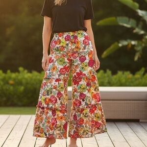Coco Bianco Tiered Wide Leg Pants Tropical Hawaiian Gypsy boho women’s Sz M